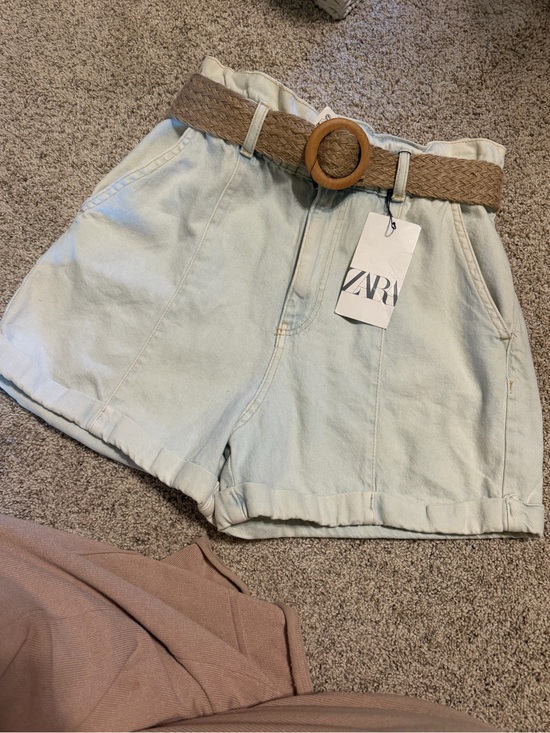 Zara Pants - ZARA NWT Pale light Blue High-Waist Paperbag Denim Shorts with Woven Tan Belt